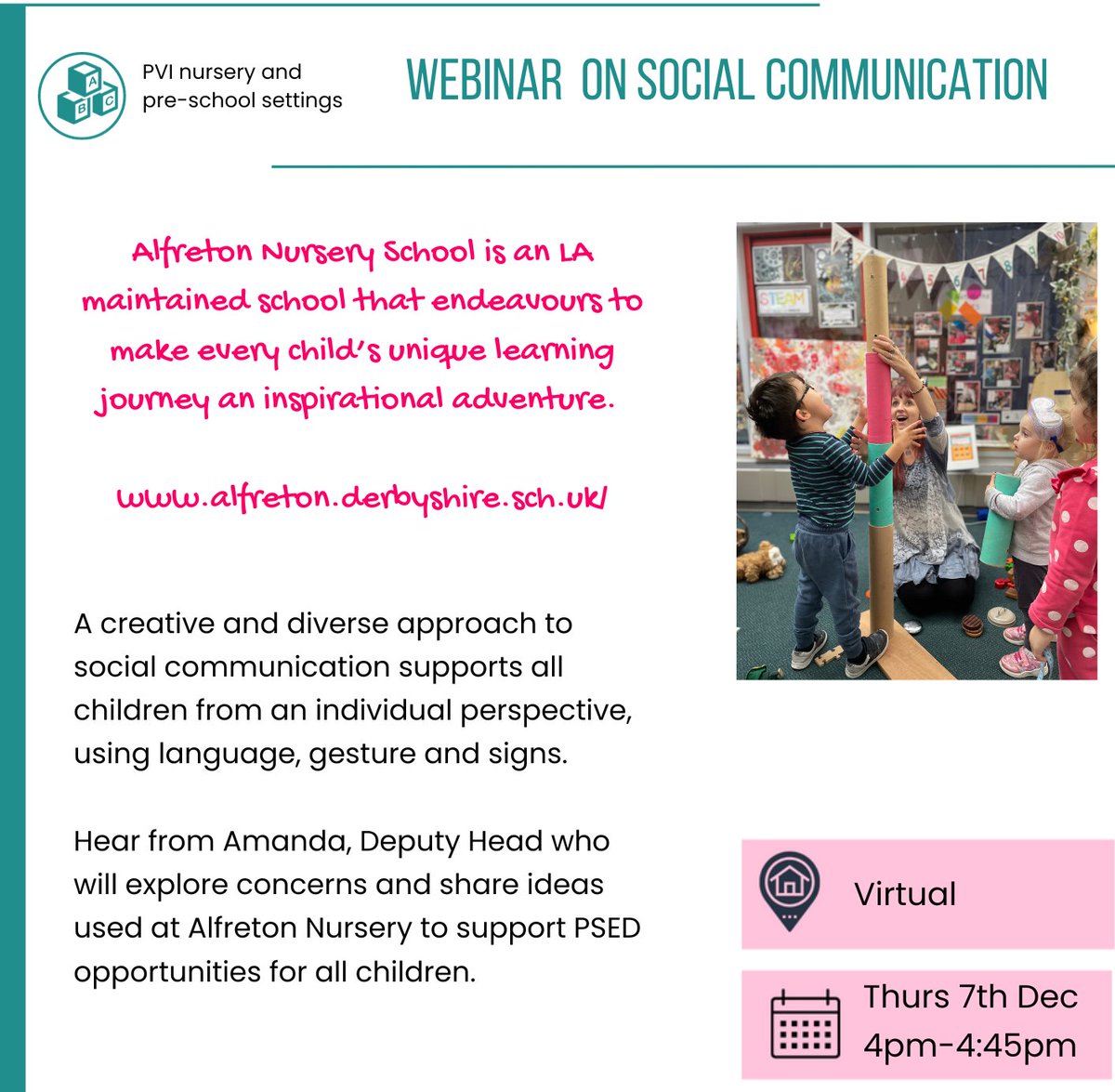 Derbys & Notts Stronger Practice Early Years Hub (@dneyhub) on Twitter photo Join <a href="/Alfretonnursery/">Alfreton Nursery</a> for a webinar on 7th December to hear about their approach and strategies on social communication.
BOOK HERE: tinyurl.com/222txkxa
#eyfs
#socialcommunication
#psed Join <a href="/Alfretonnursery/">Alfreton Nursery</a> for a webinar on 7th December to hear about their approach and strategies on social communication.
BOOK HERE: tinyurl.com/222txkxa
#eyfs
#socialcommunication
#psed