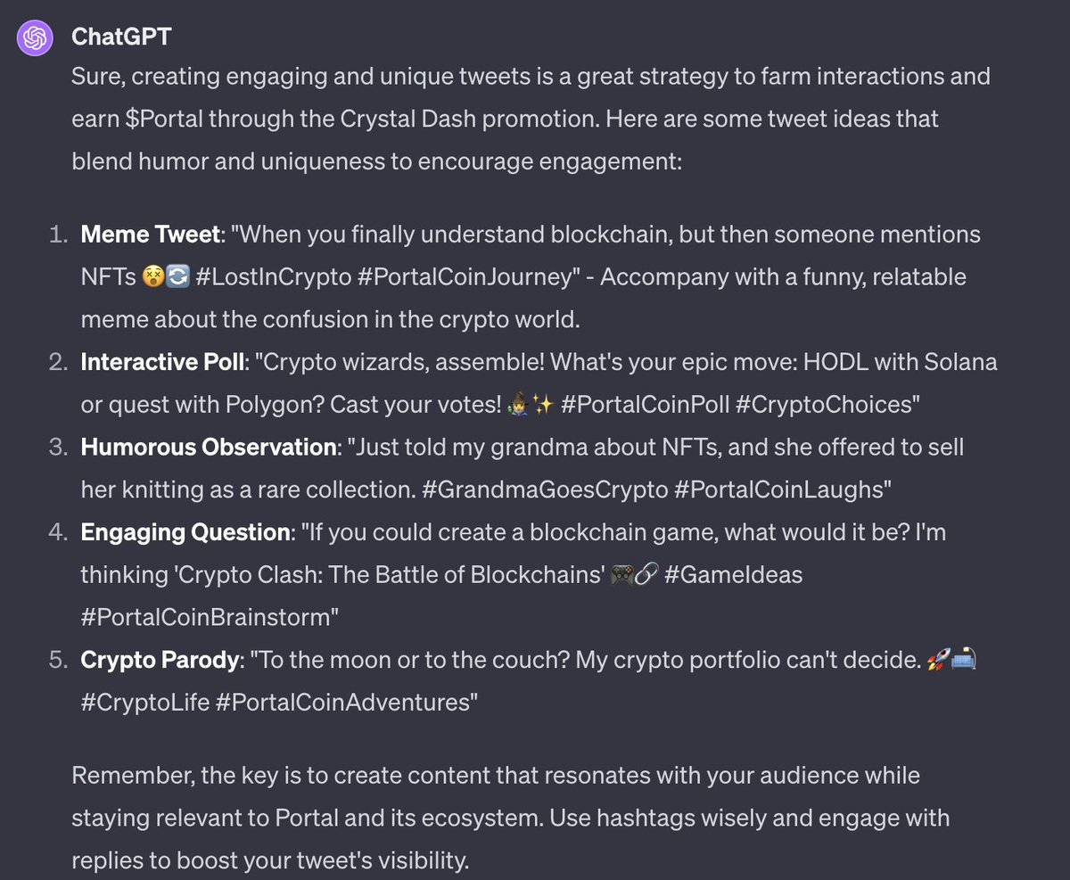 Wow, thank you chatgpt for helping me farm $PORTAL.
These tweets would definitely get a lot of interactions! <a href="/Portalcoin/">Portal</a>