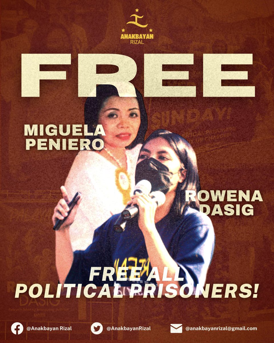 On International Women Human Rights Defender's Day (IWHRDD), Anakbayan Rizal urges US-Marcos II-Duterte to release Women Human Rights Defenders Rowena Dasig and Miguela Peniero.

#DefendTheDefenders
#StopTheAttacks
#FreeAllPoliticalPrisoners
#FreeRowenaDasig
#FreeMiguelaPeniero