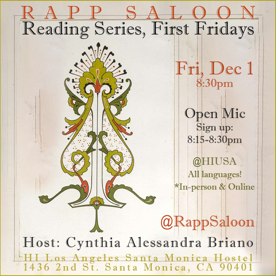 Rapp Saloon Reading Series, First Fridays (@rappsaloon) on Twitter photo Join us IN PERSON/ONLINE <a href="/RappSaloon/">Rapp Saloon Reading Series, First Fridays</a> Reading Series First Fridays Dec 1, 8:30pm! An <a href="/HIUSA/">Hostelling International USA</a>
event! Host: <a href="/CynthiaABriano/">Cynthia A. Briano</a> Upflift and celebrate Black voices by bringing a poem or excerpt by a Black author to read alongside your own work! Join us IN PERSON/ONLINE <a href="/RappSaloon/">Rapp Saloon Reading Series, First Fridays</a> Reading Series First Fridays Dec 1, 8:30pm! An <a href="/HIUSA/">Hostelling International USA</a>
event! Host: <a href="/CynthiaABriano/">Cynthia A. Briano</a> Upflift and celebrate Black voices by bringing a poem or excerpt by a Black author to read alongside your own work!