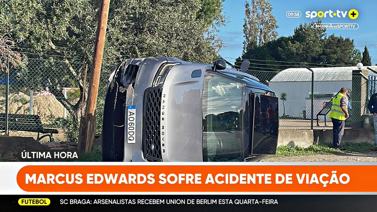 B24PT's tweet photo. Marcus Edwards sofreu um aparatoso acidente de carro a caminho do treino do Sporting, informa @Record_Portugal 

Encontra-se bem, na companhia de responsáveis do Sporting, mas ainda será observado pelo departamento médico do clube. https://t.co/RdZq2zmTiy