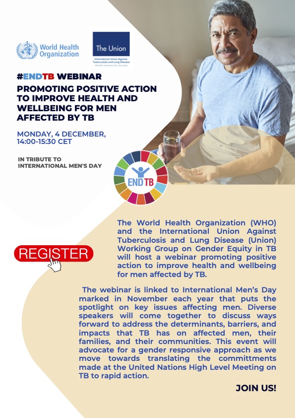 📢 NEW WEBINAR Co-hosted by @WHO and @TheUnion_TBLH to discuss ways to address the determinants, barriers, and impacts that #TB has on affected men, their families, and their communities. Register here: docs.google.com/forms/d/e/1FAI… #InternationalMensDay #TBGender