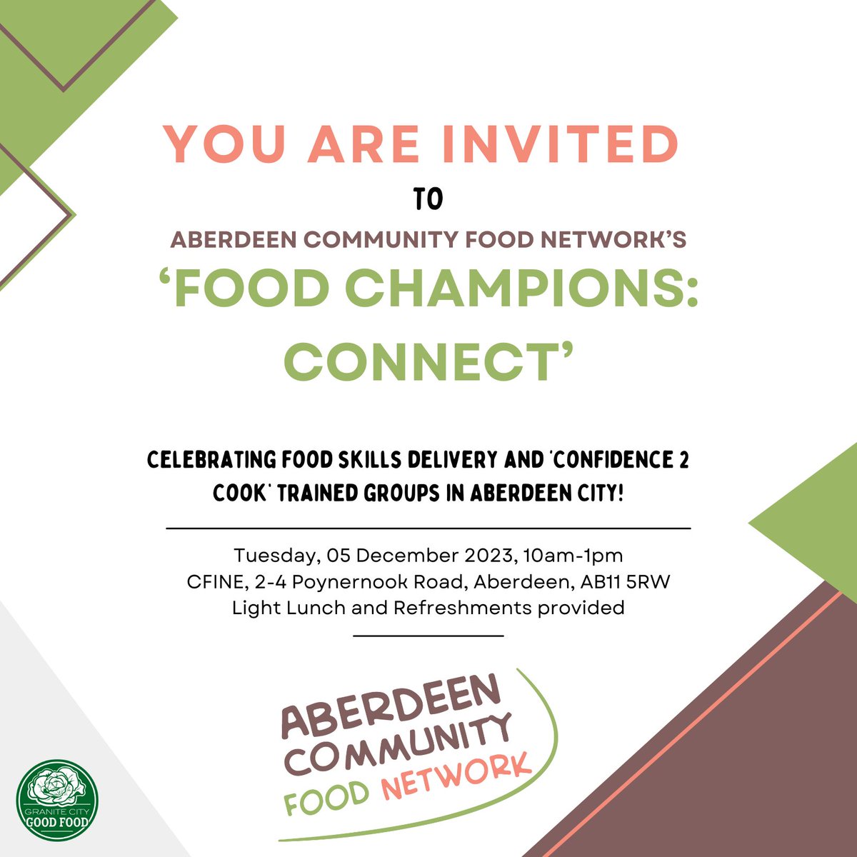 You're invited to Aberdeen Community Food Network's event, 'Food Champions: Connect', Tues 05/12, 10-1pm! We'll be celebrating all things food skills and 'Confidence 2 Cook' in Aberdeen City! RSVP to NAgbaza@aberdeencity.gov.uk