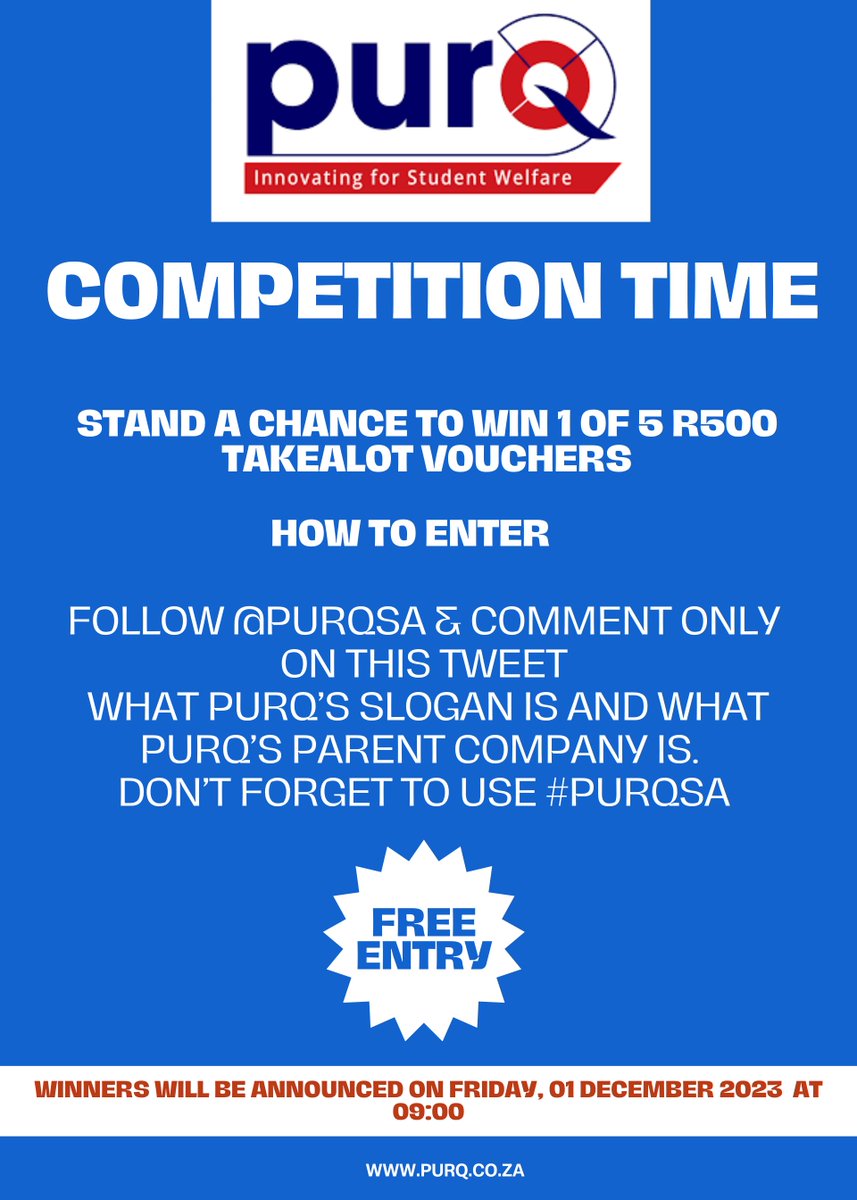 purqsa's tweet photo. COMPETITION TIME!!! 🥳🥳

Want to stand a chance to win 1 of 5 R500 Takealot vouchers? Here is how you can enter.

- Follow us @purqsa
- Comment on THIS tweet what our slogan is and what is our parent company's name.
- Use the #PURQSA in your answer

Winners announced on Friday! https://t.co/9KrvWKChdv