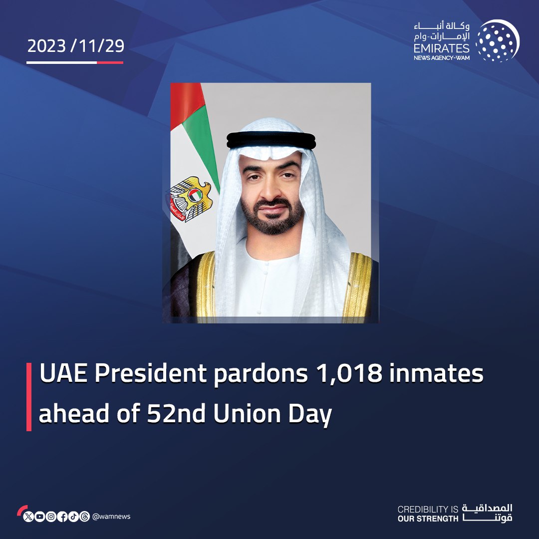 WAMNEWS_ENG's tweet photo. #UAE President pardons 1,018 inmates ahead of #UnionDay52🇦🇪 

#WamNews 

https://t.co/2NDSQOOQ2Z https://t.co/YZIblIrmlC