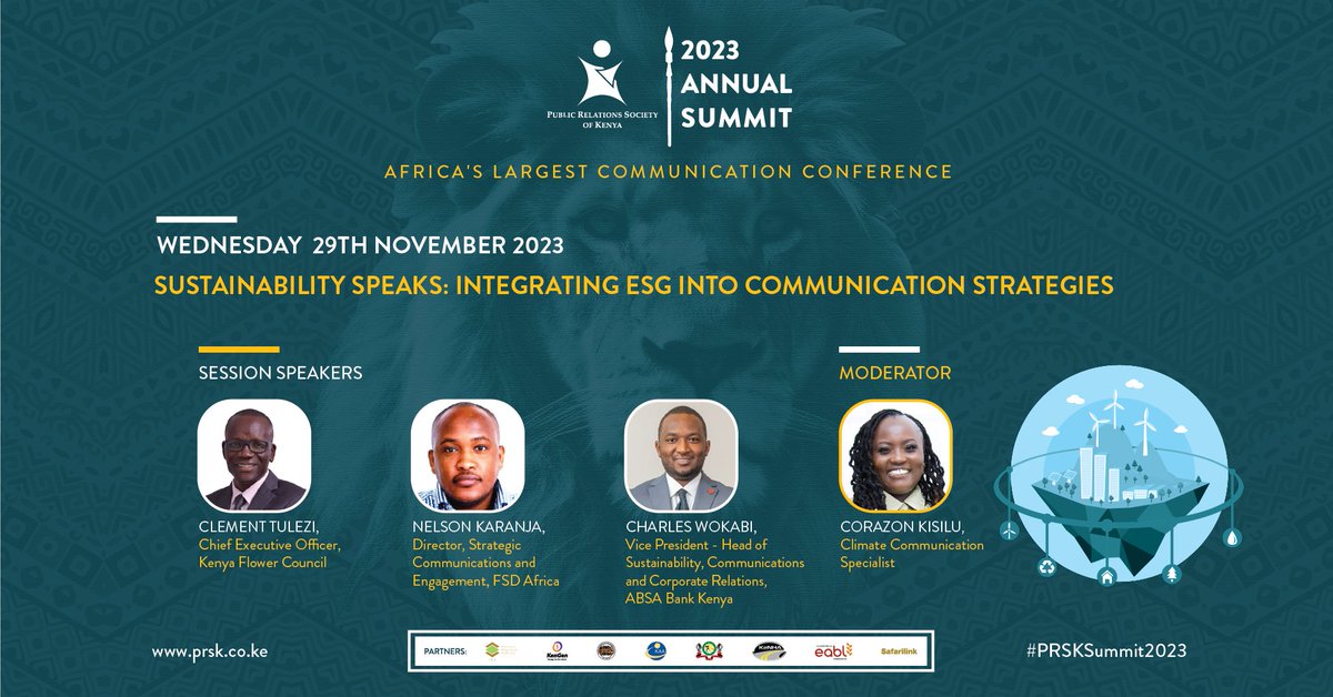 prskkenya's tweet photo. With COP28 kicking off tomorrow, we uncover integrating ESG into communication strategies with  @nelsonkaranja, @CWokabi, and @tulezic, moderated by @corriemwende.

#ESG #SustainabilitySpeaks #PRSKSummit2023 https://t.co/4qA8hhQjwL