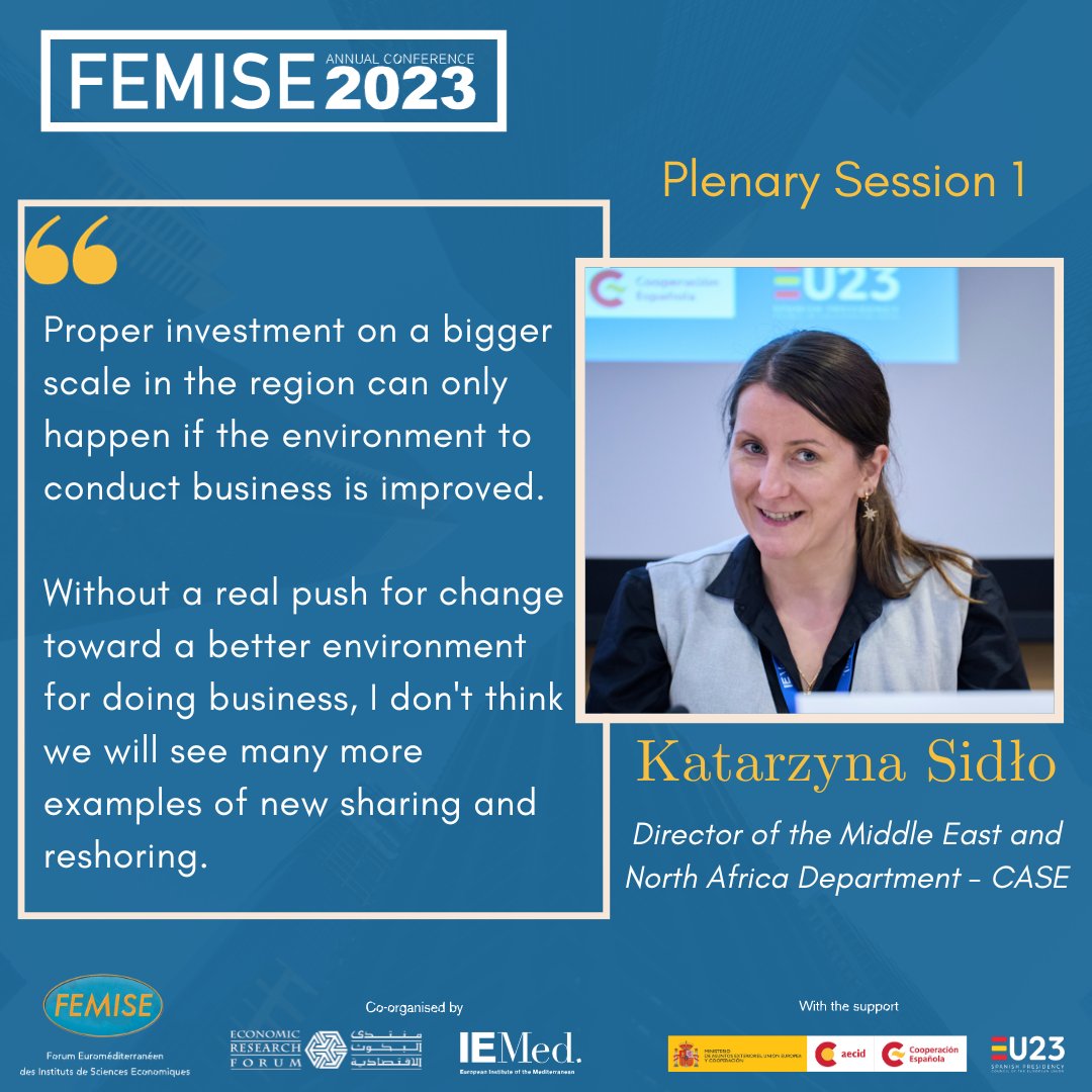 femisenetwork's tweet image. 🗣&quot;Proper investment on a bigger scale in the region can only happen if the environment to conduct business is improved.&quot; mentioned @katsidlo ,Director of the Middle East and North Africa Department - @CASE_research  during #femise_ac2023 session1⃣ Read➡️bit.ly/3R4O0gq