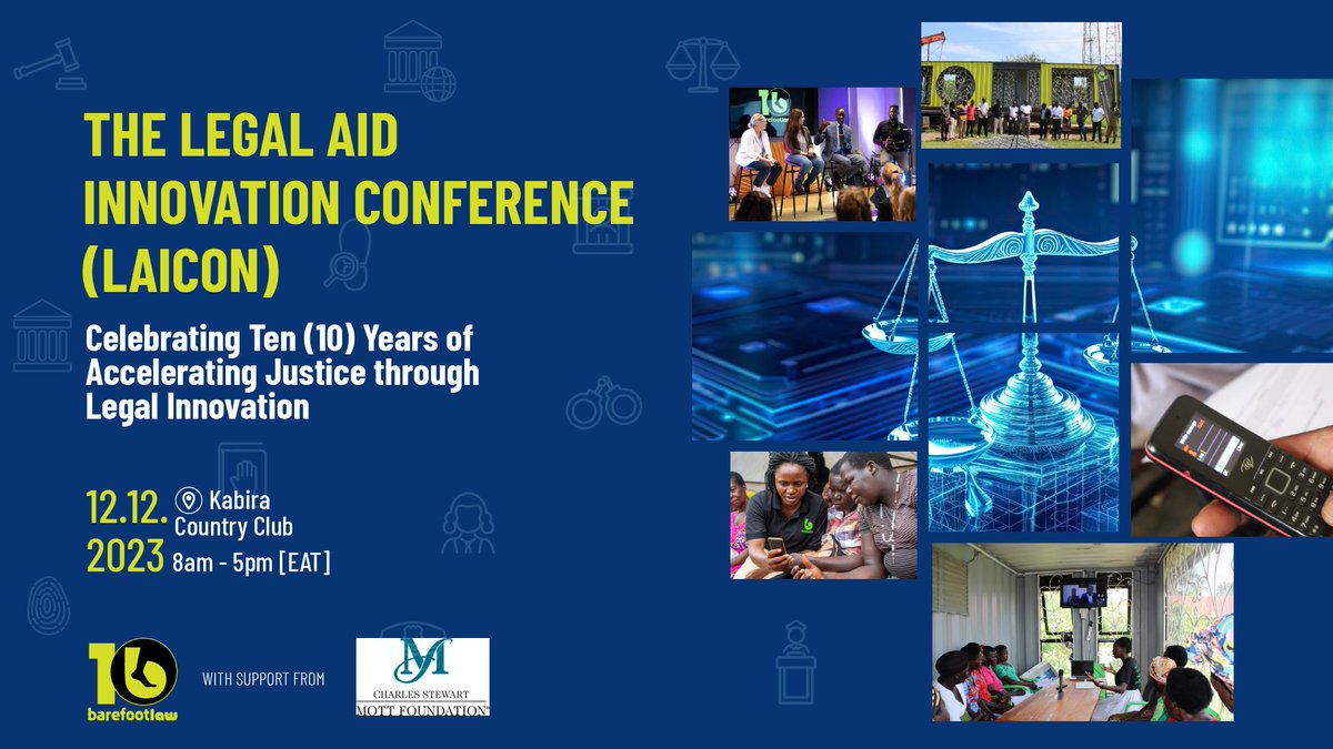 barefootlaw_org's tweet photo. 🗣️Ladies & Gentlemen!

⚖️@barefootlaw_org invites all you champions of justice to join us at The Legal Aid and Innovation Conference (LAICON) 2023, where we shall celebrate a decade of Accelerating Justice through Legal Innovation.

LAICON is an annual event and platform where best practices and innovations in legal aid are shared across the field to foster linkages among institutions, NGOs, and individuals with a creative approach towards access to Justice as a necessary catalyst for improved legal aid service provision.

🤝🏿The remedy for reducing access to Justice challenges lies in rethinking what is possible. Through innovation,  processes can be made efficient and more accessible for the communities that need them.

Event Details:
📅Date: 12th December 2023
🏡Venue: Kabira Country Club

With support from the @MottFoundation 

More details on how to attend and register here: https://t.co/NjkVDm2eqQ