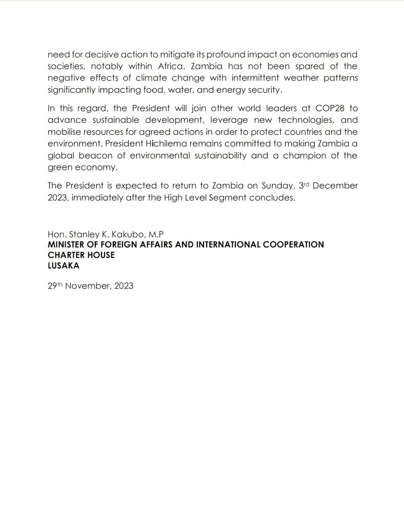 Press Statement by Hon. Stanley K. Kakubo, Minister of Foreign Affairs &amp; Intl. Cooperation on the official visit to the United Arab Emirates by Mr. Hakainde Hichilema, President of the Republic of Zambia to attend the COP28 High Level Segment of Heads of State and Government.