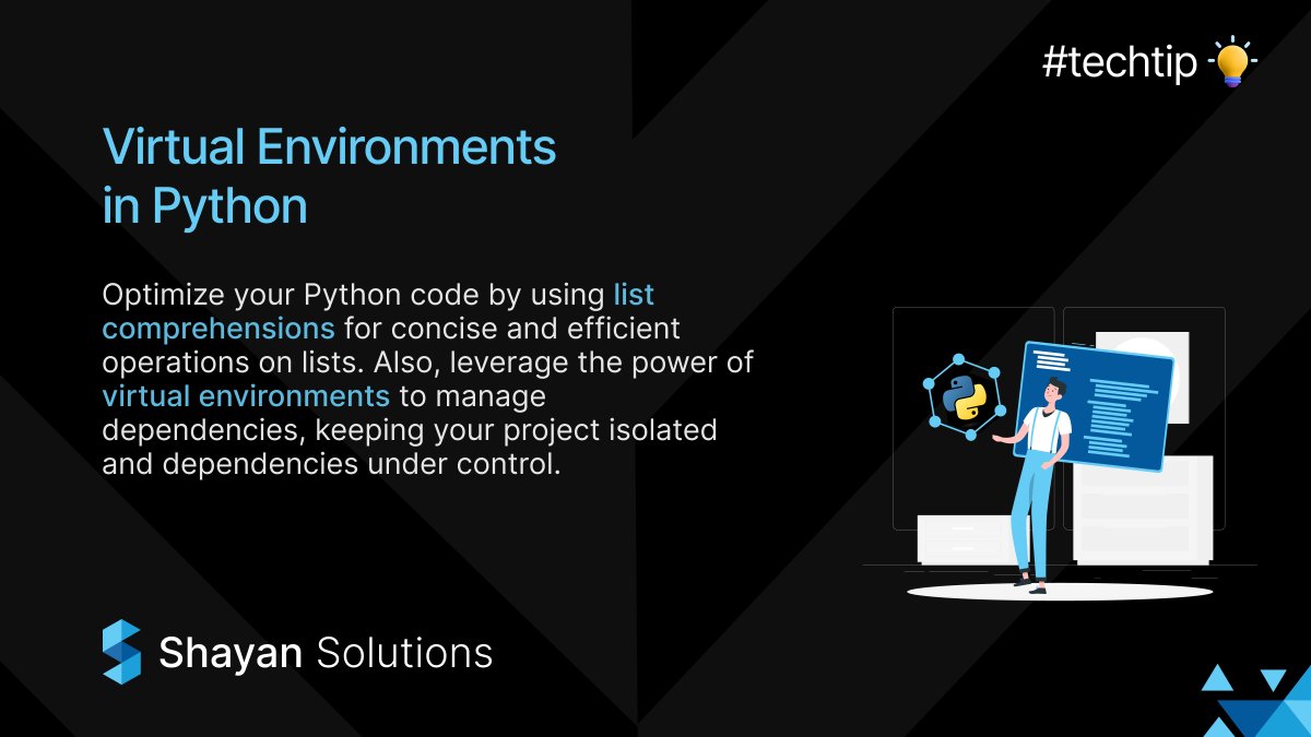 ShayanSolutions's tweet image. #PythonOptimization #CodeEfficiency #ListComprehensions #PythonProgramming #VirtualEnvironments #DependencyManagement #CodingTips #ProgrammingBestPractices #EfficientCode #PythonDevelopment #CodeIsolation #SoftwareDevelopment #TechTips #PythonTips #CodingProductivity #DevOps