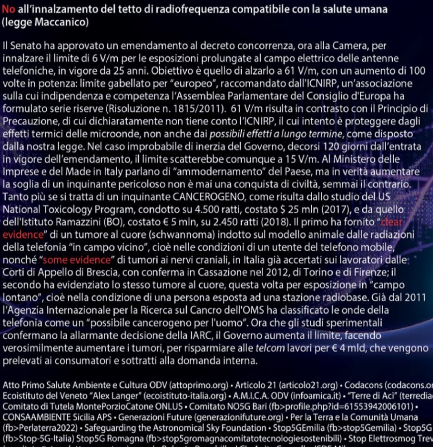 PastorellaGiu's tweet photo. Il Fatto pubblica l’appello contro l’innalzamento delle soglie del 5G di “Stop5G Italia”, “Stop Elettrosmog” e Codacons, in cui si dice che ci sarà un sicuro aumento dei tumori (nonostante il nuovo tetto sia inferiore alle soglie di sicurezza EU). Siamo un Paese ostaggio di chi gira con la stagnola in testa.