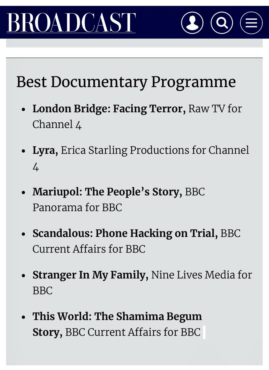 Our documentary Stranger In My Family is in great company in being nominated for a Broadcast Award! Huge congratulations to shooter p/d Sunny Kang; dv director Tamar Mankassarian; editor Andy Rushton; my co-execs Jazz Gowans & Nic Guttridge and the star himself, Luke Davies!