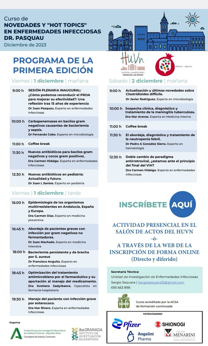 📢Organizamos la primera edición del curso sobre enfermedades infecciosas con el nombre del prestigioso especialista de nuestro 🏥 Juan Pasquau. Prestigio, conocimientos e innovación en el abordaje de estas patologías🦠