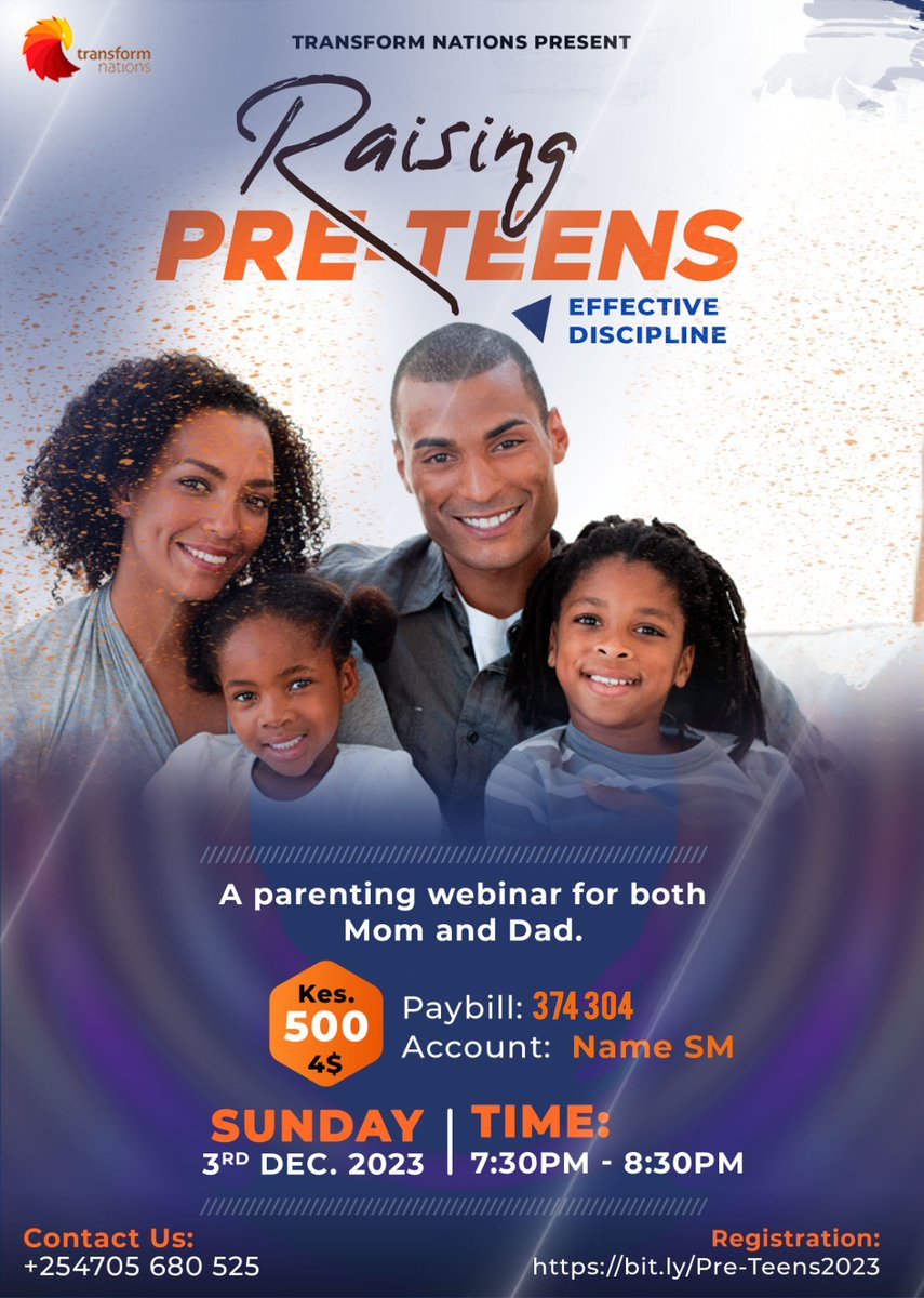 Hello parents, we invite you for a conversation on Raising Pre-Teens.

Topic: EFFECTIVE DISCIPLINE Date: 3rd December 2023.

Platform: Zoom

Time: 7:30pm - 8:30pm

Sign up link: bit.ly/Pre-Teens2023