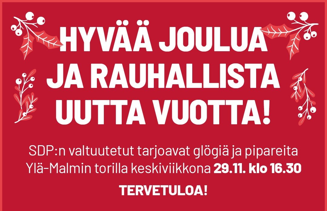 Tänään ke 29.11. klo 16.30 alkaen tarjoamme glögiä ja pipareita Ylä-Malmin torilla ❤ Paikalla ovat mm. kansanedustaja <a href="/eveheinaluoma/">Eveliina Heinäluoma</a> apulaispormestari <a href="/JohannaLaisaari/">Johanna Laisaari</a> sekä valtuutetut <a href="/AhdeHilkka/">Hilkka Ahde</a> <a href="/VepsaSinikka/">Sinikka Vepsä</a> <a href="/WallgrenThomas/">Thomas Wallgren | 242 | Helsinki</a> <a href="/MAfduub/">Mahad Ahmed</a> ja Kaupunkiliikenne Oy pj <a href="/salminen_minna/">Minna Salminen</a>