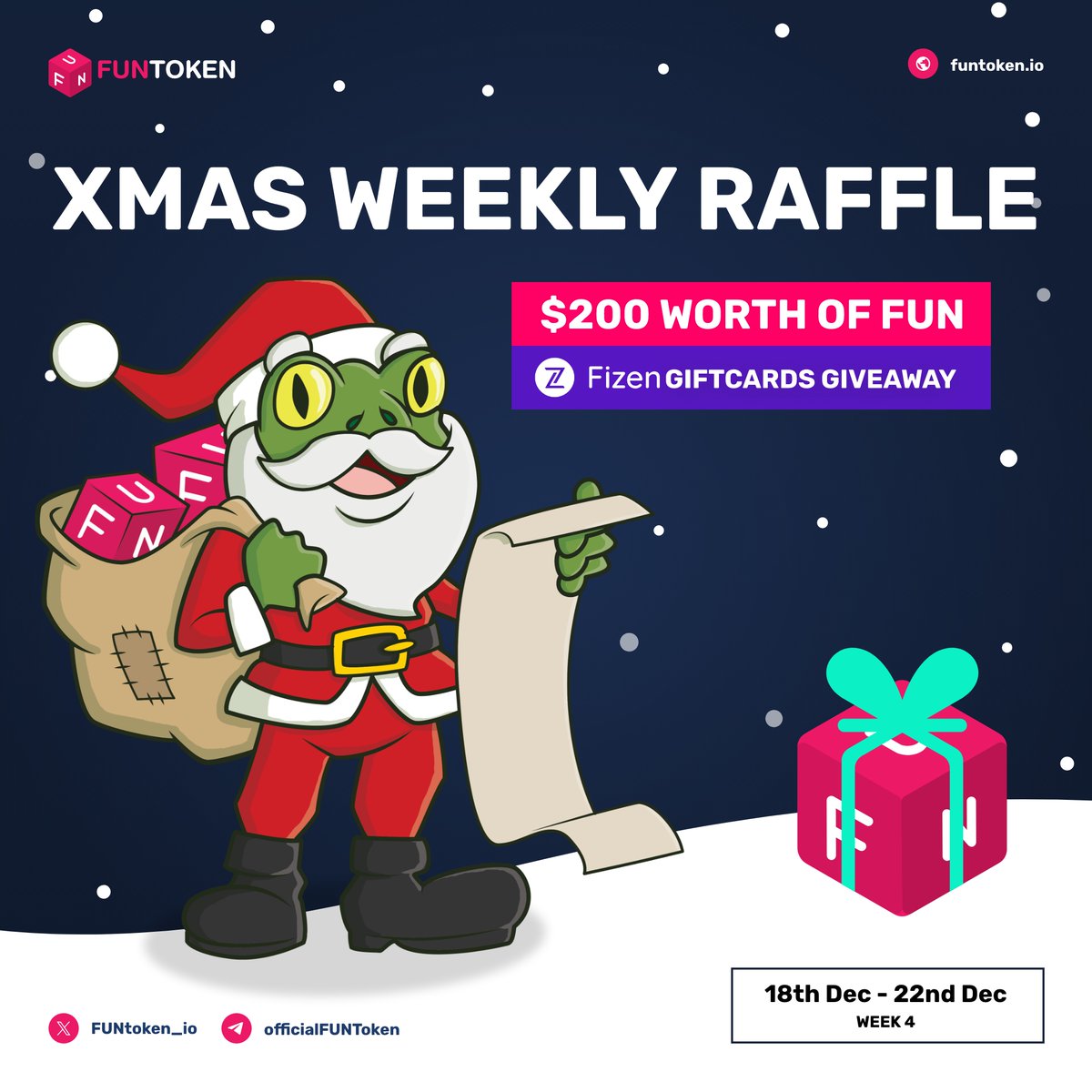 ⌛ Final days of the @fizenwallet X #FUNToken Christmas Giveaway!

Don't miss your last chance to win $50 in $FUN gift cards. 🎁 

Last chance! 
gleam.io/CMtPB/fizen-x-…

#FizenXFUN #XmasRaffle