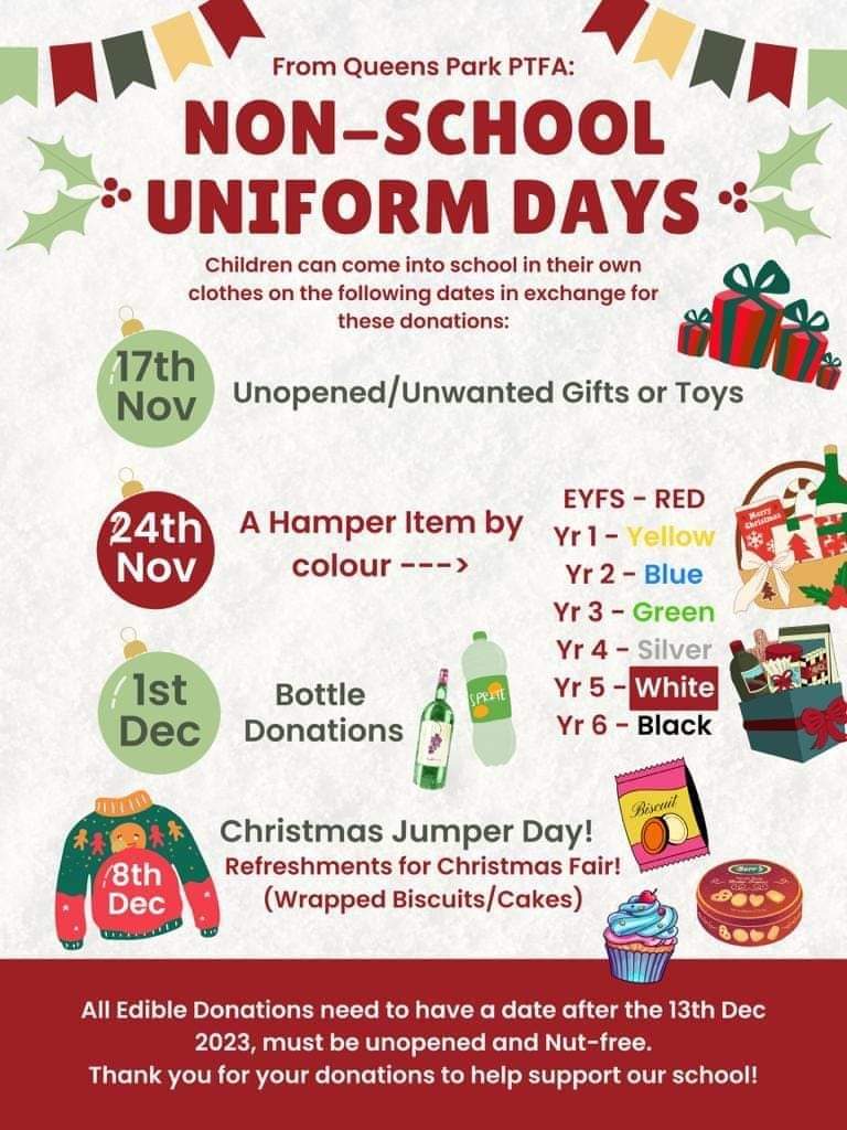 queensparkptfa2's tweet photo. Reminder that this Friday's own Clothes day will be in exchange for, unopened bottles. Thankyou for all your wonderful generosity so far @QueensCoEURC xx https://t.co/8F8GCf4aZC