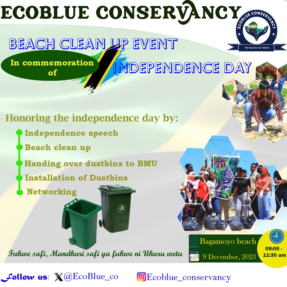 econurture_co's tweet photo. Hey there, beach lovers! 🌊🌴 Get ready to make a difference and protect our beautiful bagamoyo beach in commemoration of Tanzania Independence day🇹🇿
"Tell a friend to tell a friend"
📍 9th DECEMBER 2023 🌟💙
 #BeachCleanup 
 #EcoblueConservancy https://t.co/z0OSNDLiTr