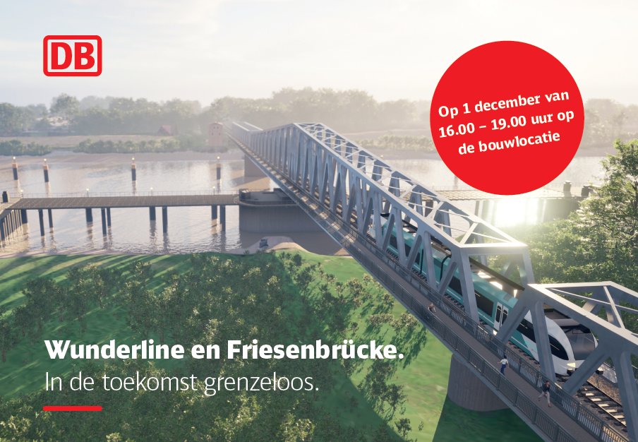Deutsche Bahn nodigt je uit om een kijkje te nemen op de bouwplaats bij de Friesenbrücke op 1 december van 16.00 - 19.00 uur! Met een infobox, rondleidingen, activiteiten en gratis eten en drinken. Meer weten? Lees de uitnodiging: tinyurl.com/ypmxczsz