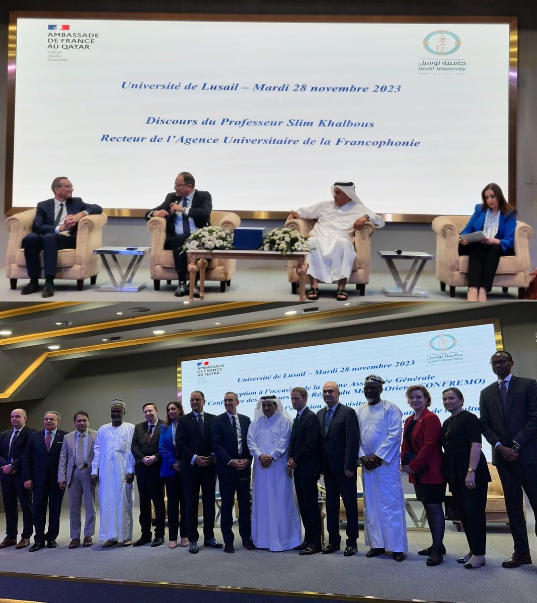 AUF_MoyenO's tweet photo. 🇶🇦 Evénement francophone à Doha organisé par @LusailUni, nouveau membre de l’AUF, et @FranceauQatar, à l’occasion de la Conférence des recteurs francophones du Moyen-Orient, en présence du DG de la Mondialisation @FranceDiplo @LechevallierAS et du Recteur @auf_org @SlimKhalbous https://t.co/LcUk2dHgUC