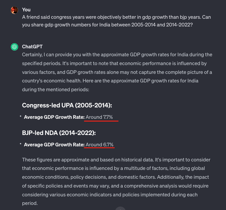 VirexK's tweet photo. Oh no, I asked GPT to compare Congress vs BJP years in terms of GDP growth and it actually gave a direct answer!

For every 5 likes I'll ask it to compare another macroeconomic data point. https://t.co/lVdQXc1mNG