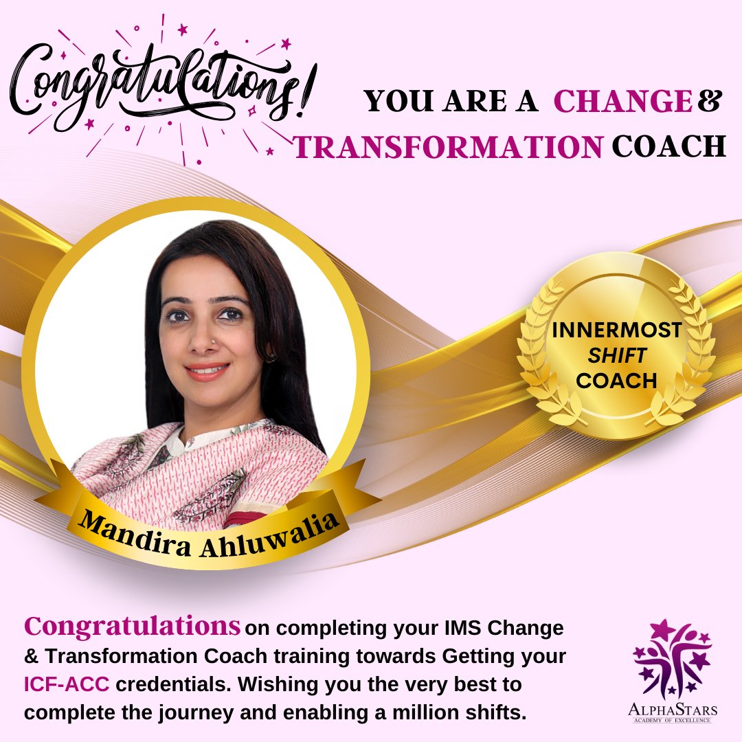AlphaStarsAoE's tweet image. Congratulations Mandira Ahluwalia, on completing your IMS Change &amp;amp; Transformation Coach training towards Getting your ICF-ACC credentials. Wishing you the very best to complete the journey and enabling a million shifts. 
#ICF #ACC #innermostshift #Transformation #Beingness