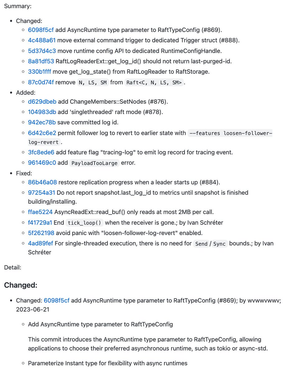 drmingdrmer's tweet image. 在开发中，应重视清晰的 commit message 而不是依赖 pull-request。每个 commit 需要明确标题和详细文本。好的 PR 应只有一个 commit，review中产生的其它修改以 `fixup:` 开头方便过滤。这样，发布软件时，就可以用脚本直接从 commit 生成整洁的 change log. 👉🏻关键在脚本:
github.com/datafuselabs/o…