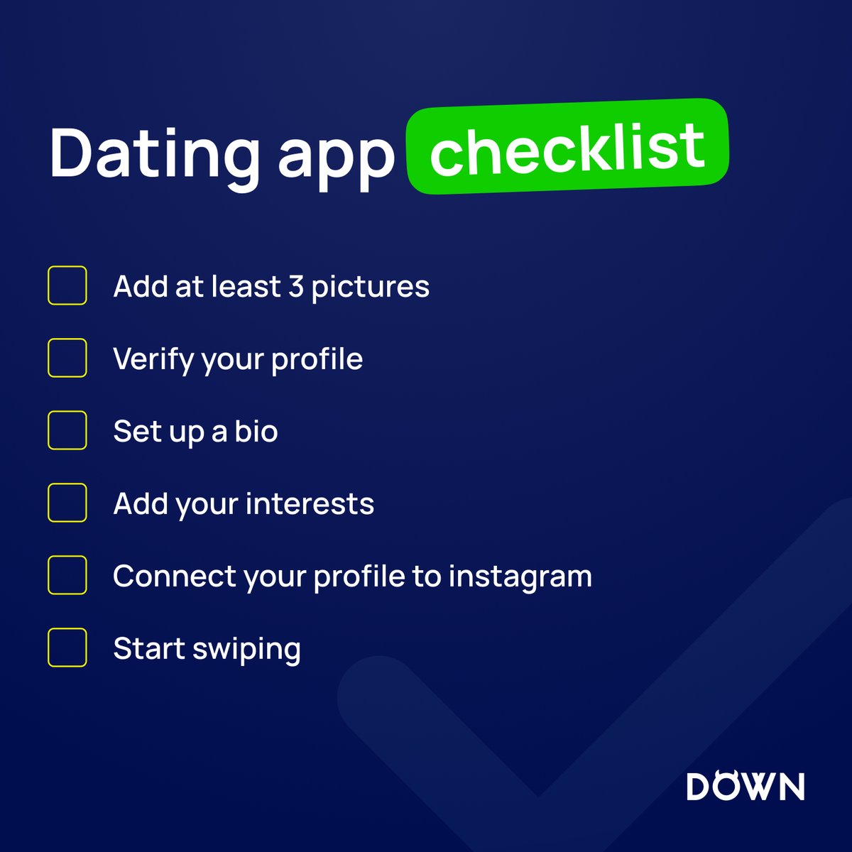 A dating app checklist, something we all need -- do you have these completed on your profile? You should!
#dating #datingapp #datingapps #datingprofile #datingbio #profile #down #downapp #downdating #casual #dates #relationships