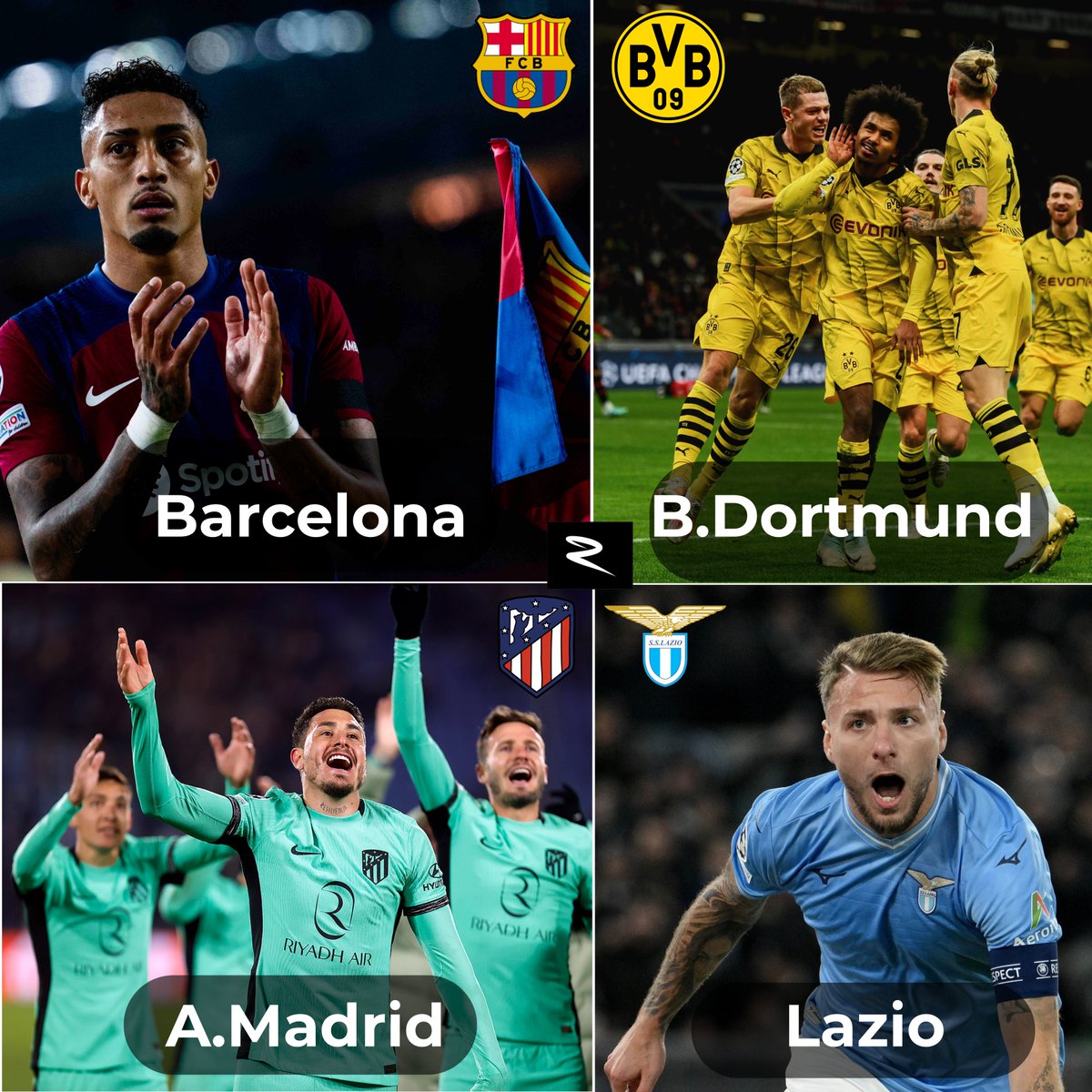 #UCL Şampiyonlar liginde gruptan çıkmayı garantileyen takımlar. 🇪🇸 Barcelona - Atletico Madrid 🇩🇪 Borussia Dortmund 🇮🇹 Lazio #SampiyonlarLigi