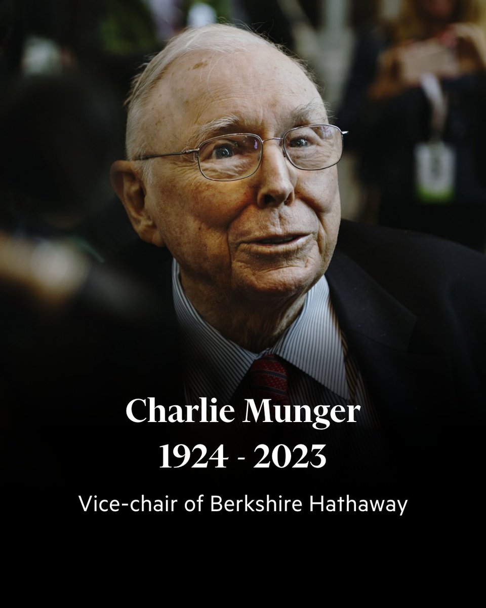 Charles Munger, l'acolyte de Warren Buffett pendant près de 60 ans est décédé à l'âge de 99 ans.

Sous leur direction, Berkshire a enregistré un gain annuel moyen de 20 % entre 1965 et 2022, soit environ 2 fois le rythme de l'indice S&amp;P 500.

RIP🪦