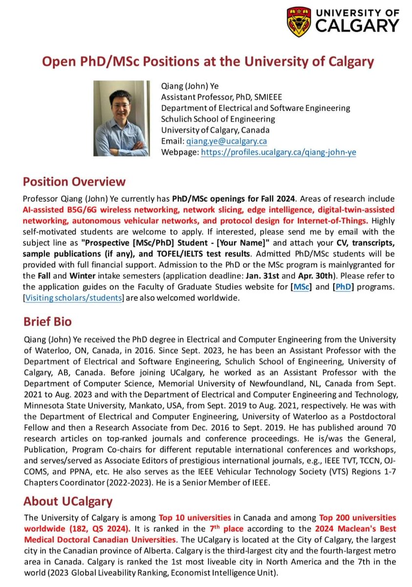 Fully Funded MSc &amp; PhD  Positions at the University of Calgary, Department of Electrical and Software Engineering for Fall 2024.

Application Deadline: January 31, 2024.