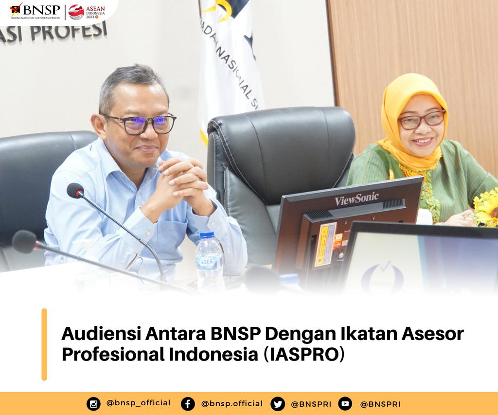 Pada hari Rabu, 29 November 2023 dilakukan audiensi antara BNSP dengan Ikatan Asesor Profesional Indonesia (IASPRO) di Gedung BNSP.

Agenda dari audiensi ini ialah IASPRO mendukung program dan kebijakan dari BNSP dalam memelihara kompetensi para asesor kompetensi.