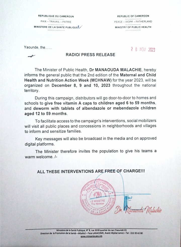 MOTHER AND CHILD HEALTH AND NUTRITION ACTION WEEK (MCHNAW)...📌📌

📍Throughout the Country 🇨🇲

⏳From 08 to 10 December 2023

❓Deworming of Children aged 12 to 59 months

❓ Administration of Vitamin A to Children aged 06 to 59 months

THESE INTERVENTIONS ARE FREE OF CHARGE‼️⤵️