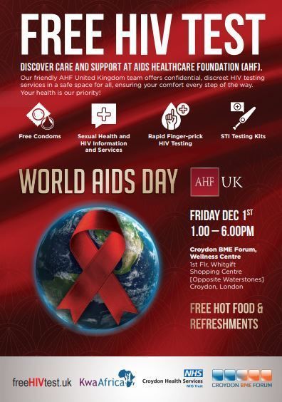Join AHF on #WorldAIDSDay. Discover, Care and Protect DATE:  Friday1st December   TIME: 1:00 PM VENUE: Wellness Centre Croydon 1ST Floor Whitgift Centre Croydon CR0 1LP FREE Hot Food and refreshments.