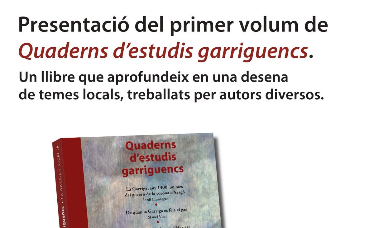 ajlagarriga's tweet photo. 📢L’associació La Garriga Secreta i @FundacioMauri presenten aquest dissabte una nova publicació que serà el primer volum de Quaderns d'estudis garriguencs

🗓️2/12
🕒19 h
📌Can Luna #laGarriga https://t.co/qMPn2rUZxF
