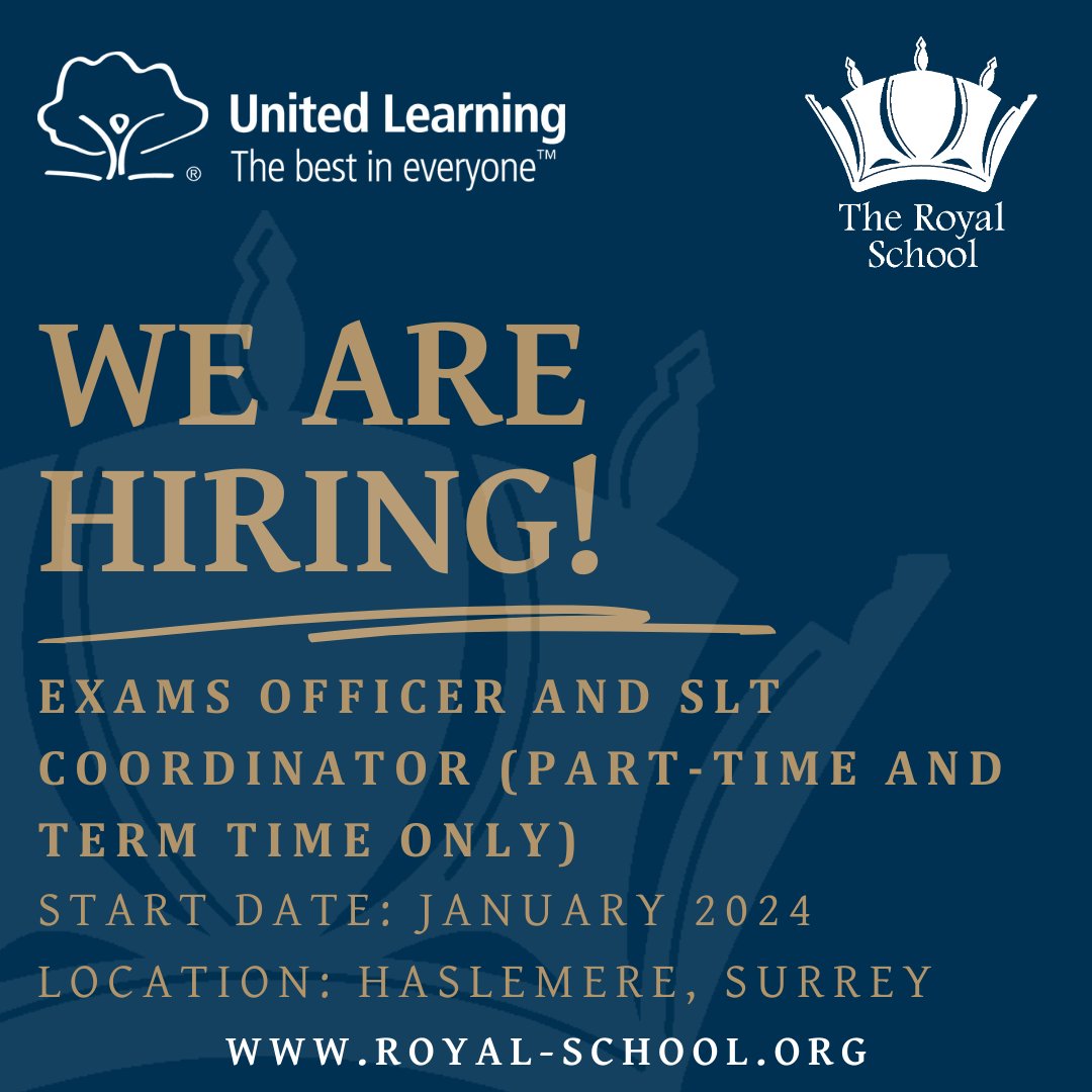 We are looking for a proactive, flexible and adaptable Exams Officer & SLT Coordinator to join our growing team. Find out more and apply today👇 royal-school.org/about-us/work-… #TheRoyalSchool #Haslemere #Surrey #UnitedLearning #WorkWithUS