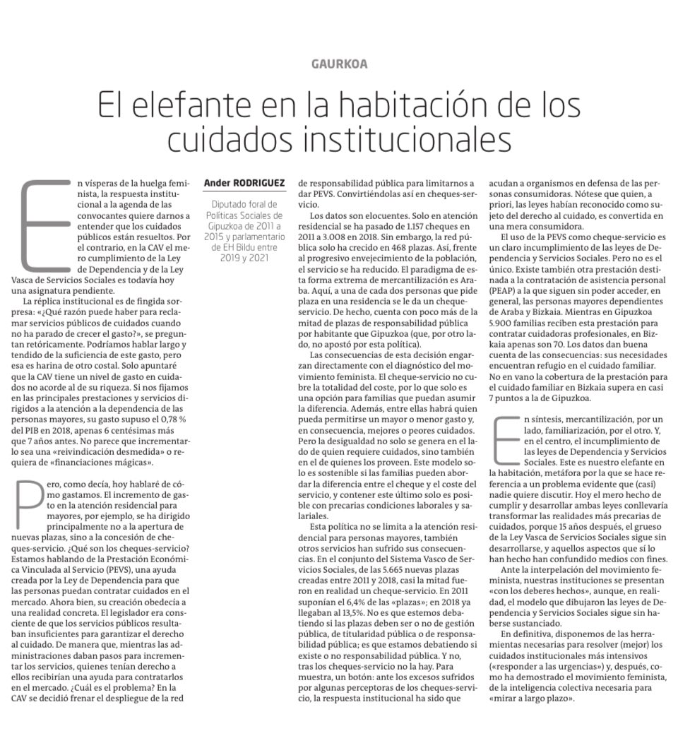 Hoy en <a href="/naiz_info/">naiz:</a> "El elefante en la habitación de los cuidados institucionales". Mi análisis de la respuesta institucional (real) a la agenda del movimiento feminista.