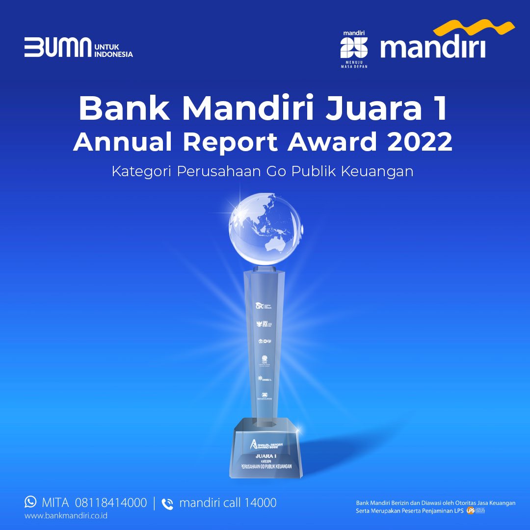 bankmandiri's tweet photo. Konsisten jaga transparansi, Bank Mandiri kembali sabet Juara 1 Perusahaan Go Publik Keuangan di ajang Annual Report Award (ARA) 2022.

ARA adalah salah satu penghargaan prestisius yang menekankan pada kualitas Penerapan Good Corporate Governance (GCG) dengan mengacu pada ketentuan penilaian yang berlaku secara nasional dan internasional.

Ke depan, Bank Mandiri berharap dapat semakin meningkatkan kepercayaan stakeholder dengan mengedepankan budaya tata kelola yang terbuka dan transparan.

#BeritaMandiri