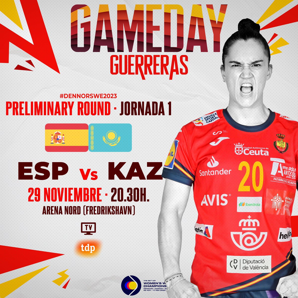 RFEBalonmano's tweet photo. 🔥 #GameDay
🏆 Campeonato del Mundo
📌 Jornada 1 - Preliminary Round
🆚 España 🇪🇸 : 🇰🇿 Kazajistán
⏱ 20:30 h.
🏟 Arena Nord (Frederikshavn)
📺 @teledeporte y @rtveplay 
#⃣ #Guerreras #SheLovesHandball https://t.co/76K4oJgoWF