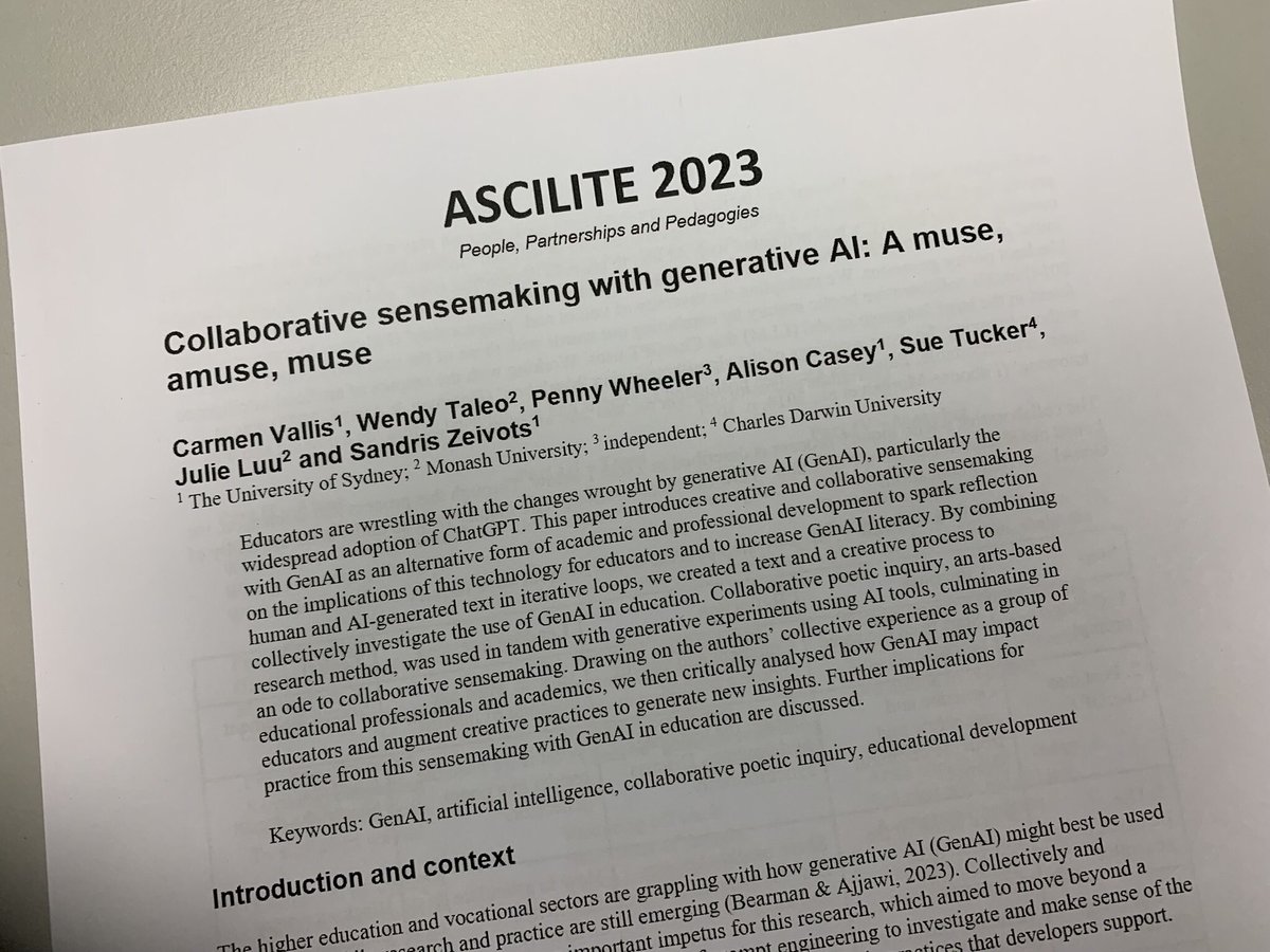 Collaborating with this great team this year has been a whole lot of fun, exploring the intersection of AI tools and human creativity in professional development. Thanks @cjvallis @wentale @pennyjw @galendal @jluu111 @SandrisZeivots doi.org/10.14742/apubs…