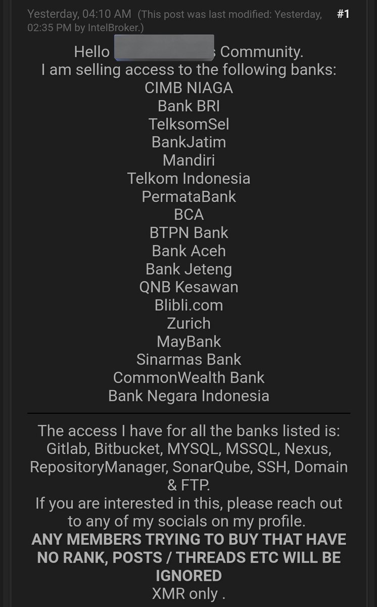 S0ufi4n3's tweet photo. IntelBroker is selling access to a scary amount of banks 😳 https://t.co/Qjyi4HVD68