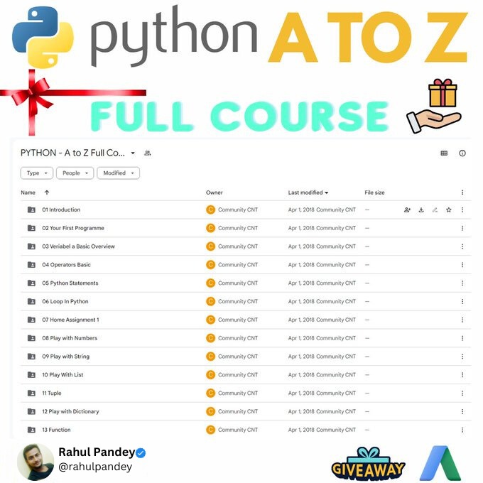 Rahul_Pandey02's tweet photo. Python is a high-level programming language, although it isn't easy to pick up.  

To assist in your Python learning journey, I've crafted a comprehensive 𝐀 𝐭𝐨 𝐙 𝐅𝐮𝐥𝐥 𝐂𝐨𝐮𝐫𝐬𝐞.  

Usually, this course costs $𝟏𝟓𝟎, but I am providing you 𝐅𝐑𝐄𝐄 of cost :)  

📍To grab your copy (Google Drive link):  

1. Like & Reply “Python”  

2. 𝐑𝐞𝐭𝐰𝐞𝐞𝐭 (much appreciated)  

3. Follow me @Rahul_Pandey02 (for DM)  

This course covers everything there is to know about Python👇 

☑Introduction   

☑Your First Program  

☑Variables  

☑Loops In Python  

☑Tuples  

☑Assignments  

☑Projects and so on

📍** How to get it  > To grab your copy (Google Drive link):  

1. Like & Reply “Python”  

2. 𝐑𝐞𝐭𝐰𝐞𝐞𝐭 (much appreciated)  

3. Follow me @Rahul_Pandey02 (for DM)