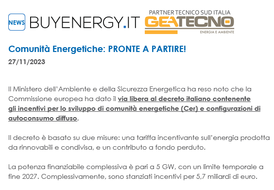 Incentivi per lo sviluppo di COMUNITA' ENERGETICHE