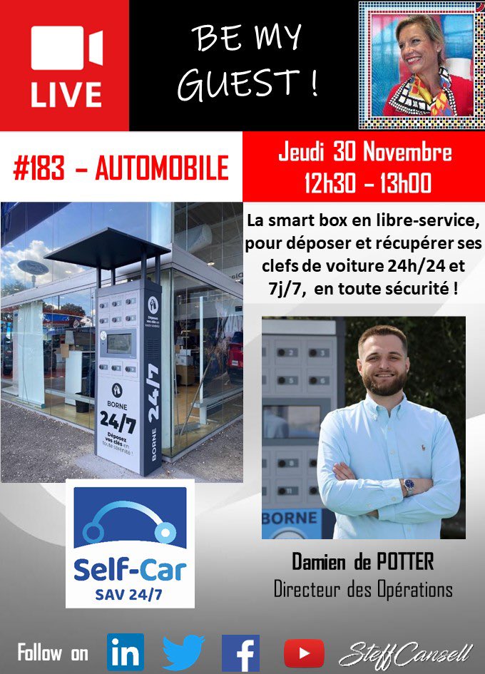 steffcansell's tweet photo. La révision de la voiture pose toujours des problèmes d’emploi du temps ! Self-Car a la solution, avec sa smart box en libre service, 24/7. RV LIVE dans #BeMyGuest avec Damien de POTTER, jeudi 30 à 12h30 sur 👉X @steffcansell #innovation #apresvente @mobiliansfr @AMobilites https://t.co/febZfYMxDh