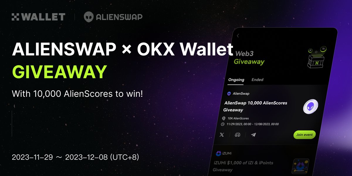 🎁 Here comes the AlienSwap x OKX Wallet GIVEAWAY!

☑️ Follow <a href="/AlienSwap_NFT/">AlienSwap👽NFT Marketplace</a>
☑️ Follow @okxweb3
☑️ Any trade on AlienSwap

Easy tasks above to grab 10,000 AlienScores! 
app.questn.com/quest/84336161…
