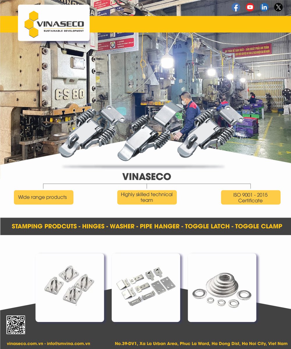 VinasecoLtd's tweet photo. Stamping product supplier VINASECO Viet Nam offers good products. We can help you significantly reduce import costs.
Learn more products at: https://t.co/FXTBk2G7dq
#stampingproducts #vns #togglelatch #vn https://t.co/nxxgu5YKOo