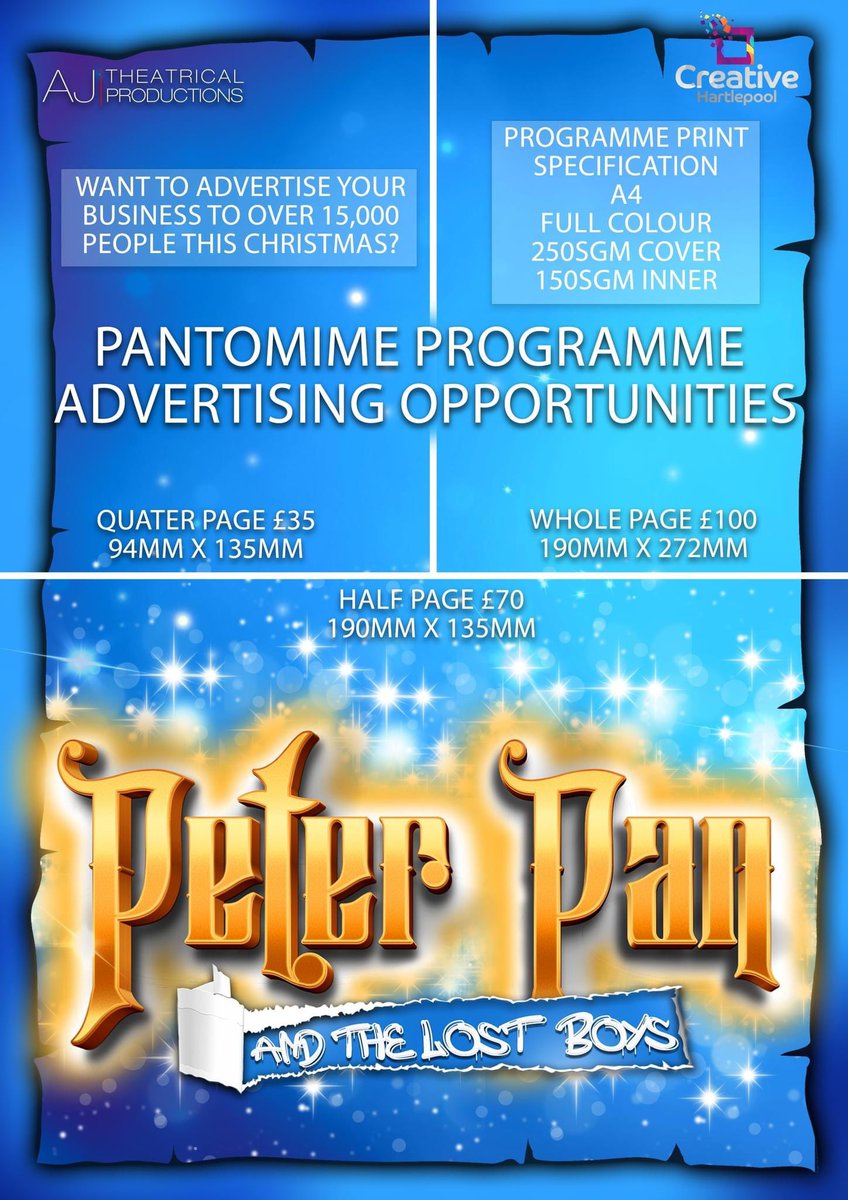 ⚠️LAST CHANCE⚠️ 

This week is your last chance to secure advertising in this year's pantomime programme!

An economic and advantageous way of advertising your business to audiences from across the north east.👋📍

Email- info@ajtheatricalproductions.com to enquire