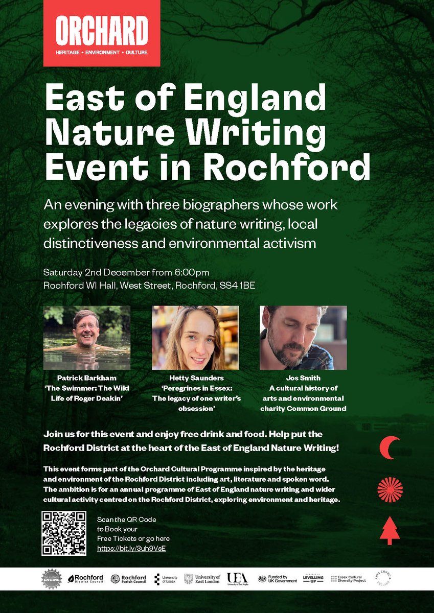 Really please to be speaking about Common Ground at Rochford Orchard Fayre in Essex this weekend alongside <a href="/patrick_barkham/">Patrick Barkham</a> on Roger Deakin, Hetty Saunders on J.A. Baker and Tim Burrows on Essex. It's going to be a great evening. <a href="/CreativeUEA/">CreativeUEA</a> <a href="/theculturaleng/">The Cultural Engine</a> <a href="/uealdc/">Literature@UEA</a>