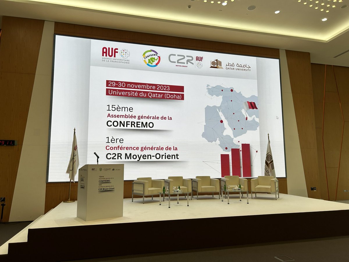 CesarWazen's tweet photo. All set for our penultimate event of #QUvember #C2R_QU_2023 a magic week started with #IAUDOHA2023 continued with #WISE11 and transitioning now to the “15ème Assemblée générale de la CONFREMO” #Doha in collaboration with @AUF_MoyenO see you this afternoon!
@QatarUniversity https://t.co/drsmLCfiKv