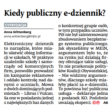 annawitten's tweet photo. Dlaczego mamy publiczne e-zdrowie, a e-dziennika już nie? Nie umiem znaleźć odpowiedzi na to pytanie 🤷♀️
Tymczasem rynek dąży do oligopolu, samorządy płacą co najmniej 40 mln zł za licencje, firmy pompują płatne aplikacje i jeszcze zarabiają na reklamach.
Dziś w @DGPrawna 👇 https://t.co/w8xDhLtZNg